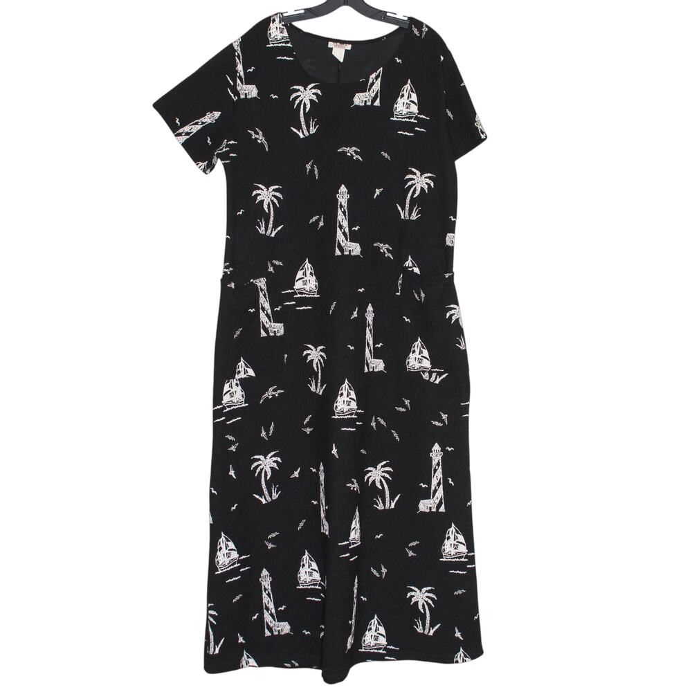 Vintage Maxi Dress Crinkle Nautical Coastal Resort Vacation Beach Artsy Black XL